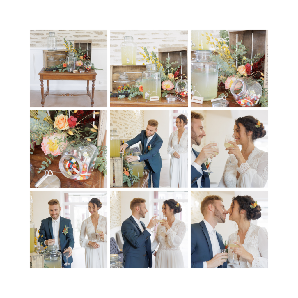 Collage photo de mariés pendant un cocktail