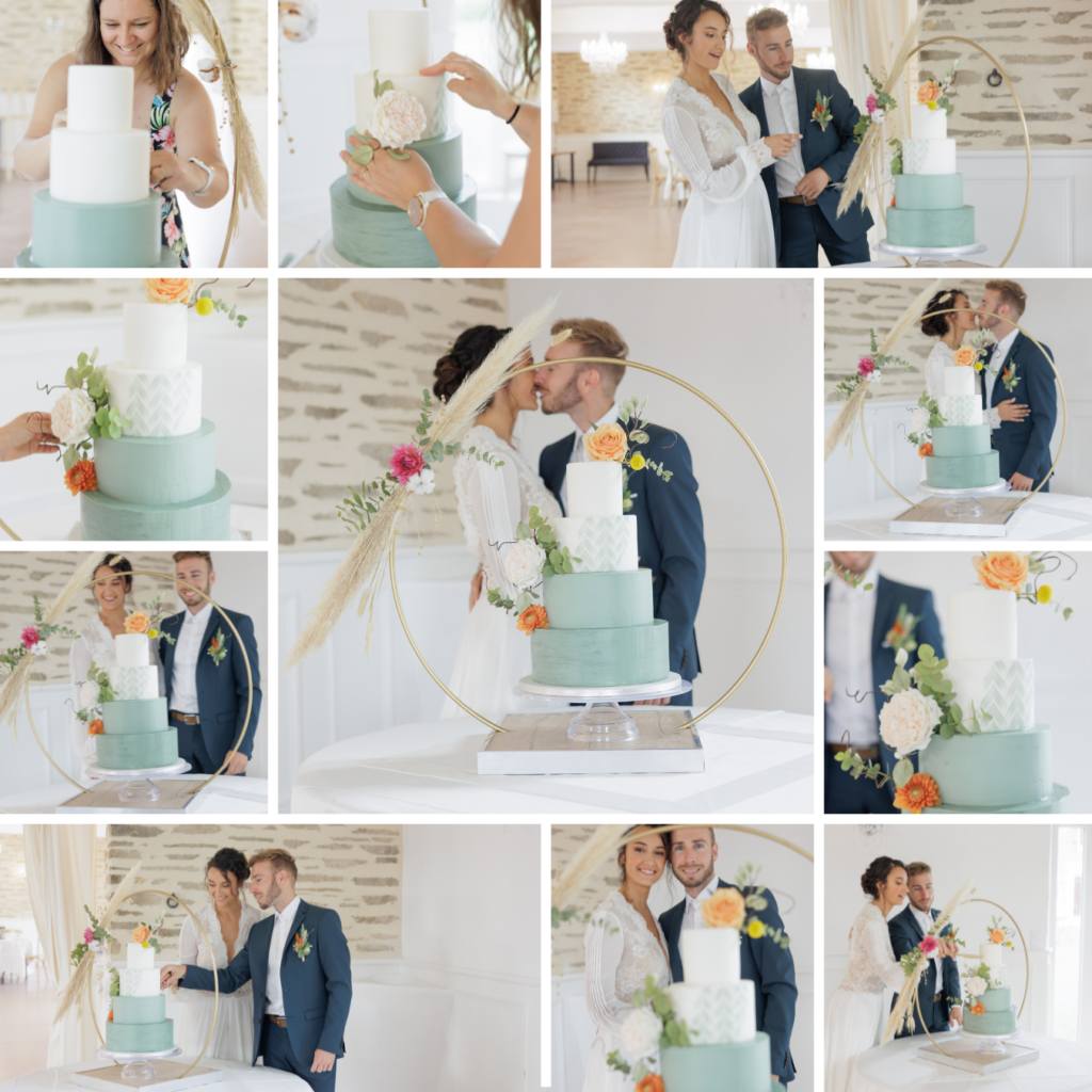 Collage photo de mariés avec un wedding cake